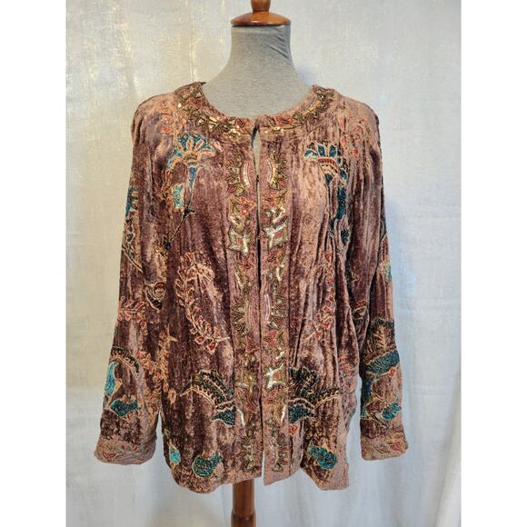 VTG‎ 90s Chicos M Brown Embroider Beaded Floral Crushed Velvet Jacket Whimsigoth - Picture 1 of 8